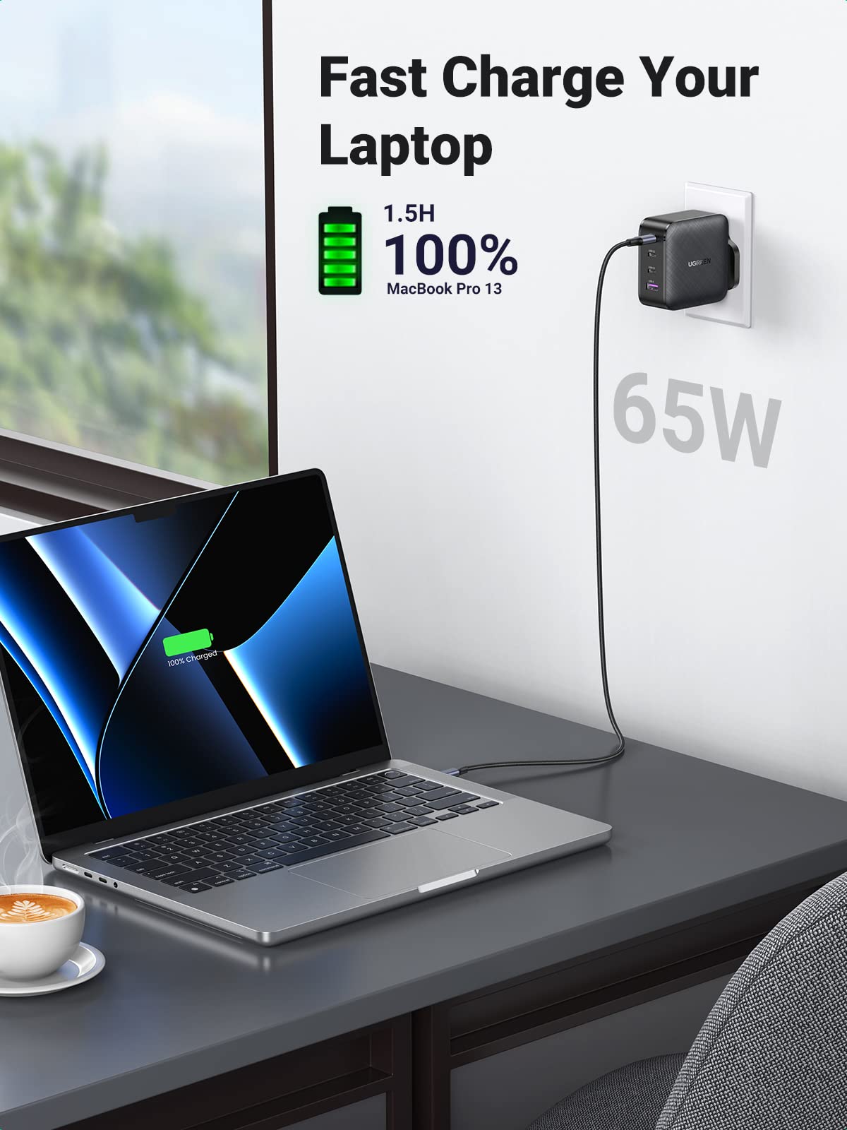 Ugreen 65W Wall Charger 3C1A UK - Space Gray