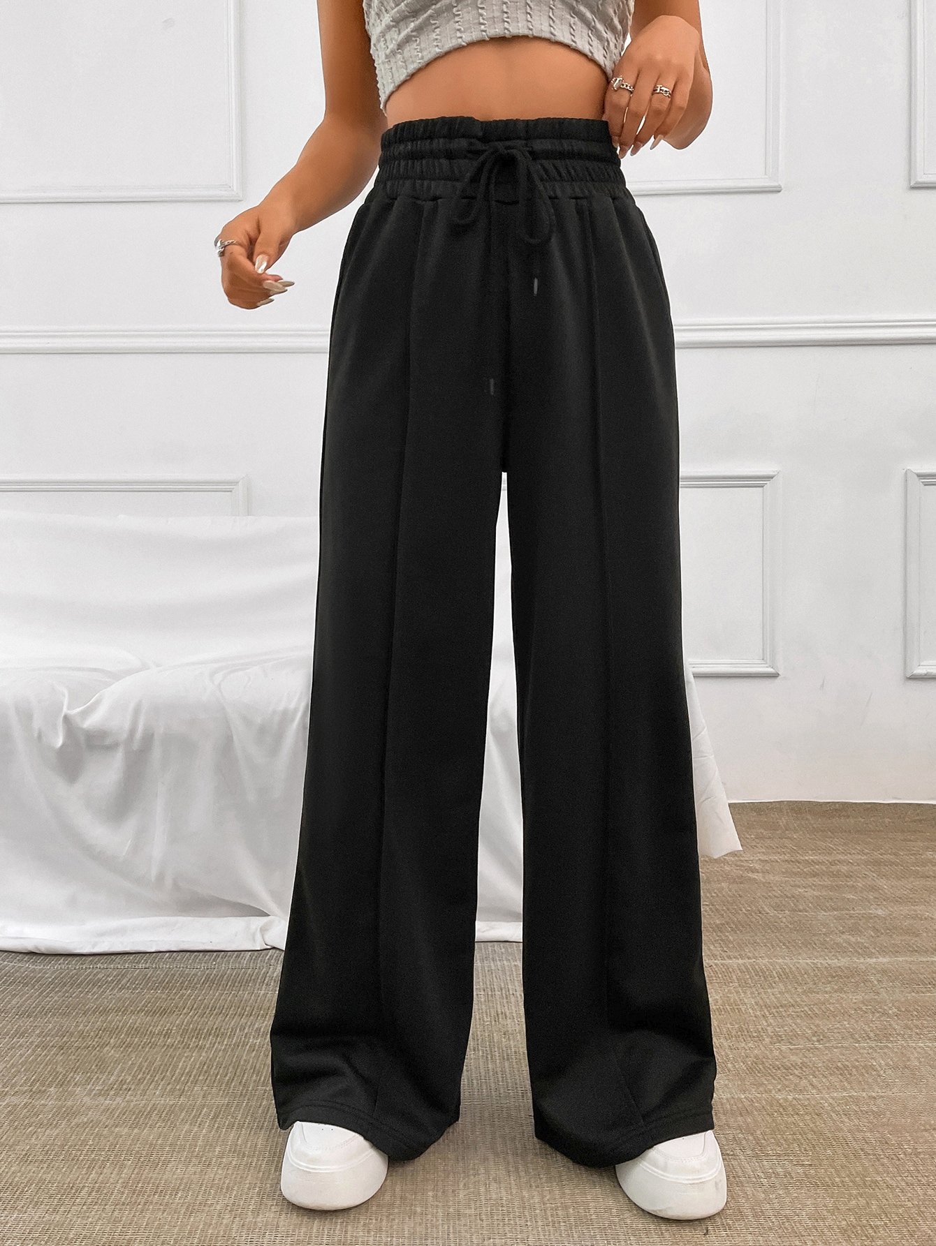 SHEIN EZwear Solid High Waist Straight Leg Pants